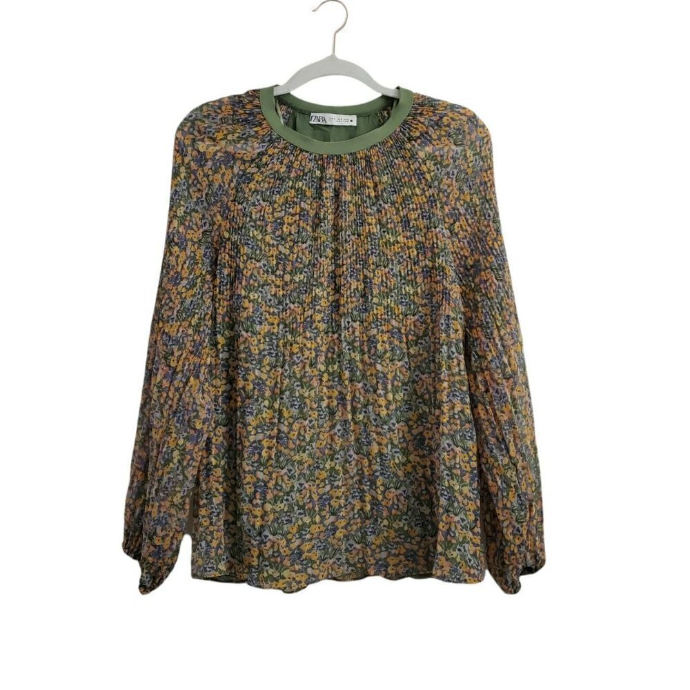 Zara Blouse Small Womens Pleated Chiffon Floral Top Long Sleeve Bloggers Fave